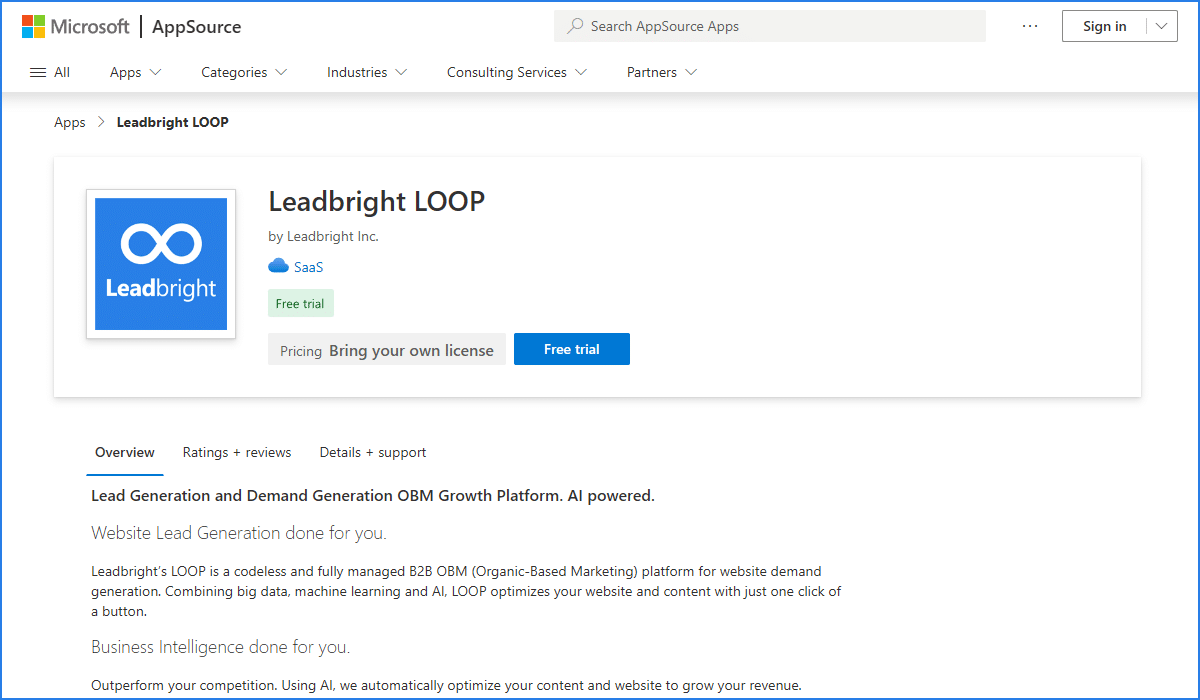 Microsoft AppSource Marketplace, Leadbright LOOP listing.