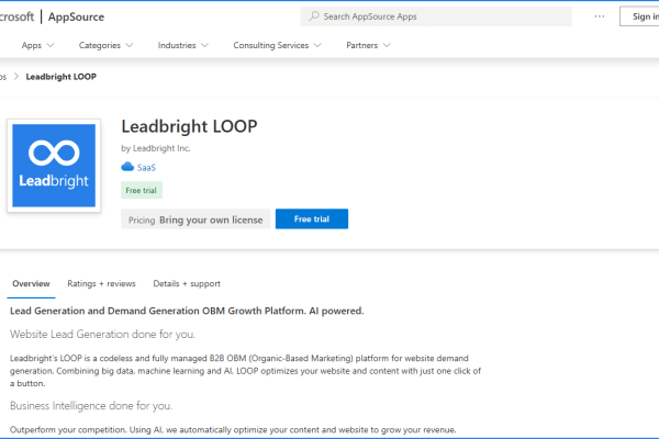 Microsoft AppSource Marketplace, Leadbright LOOP listing.