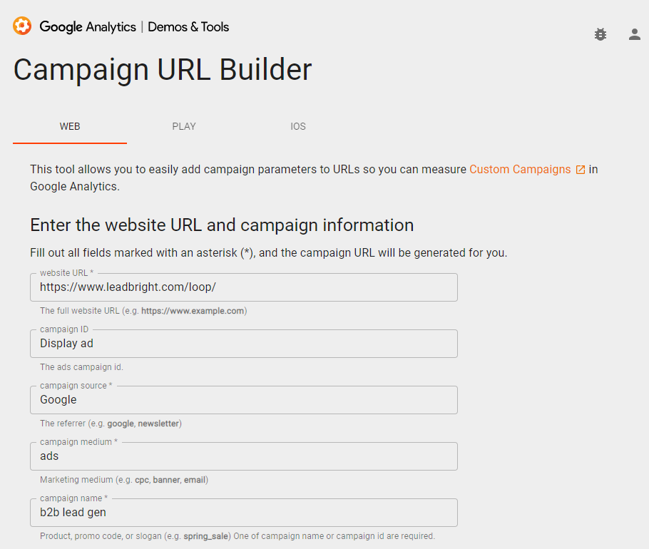 Google campaign URL builder example